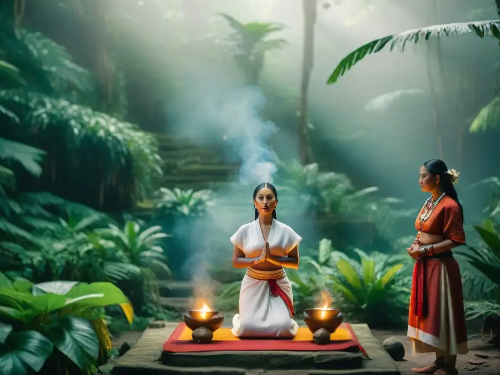 Ritual maya en la selva: conexión espiritual y cultural Participantes en ritual maya en la selva guatemalteca durante Retiros espirituales mayas educativos