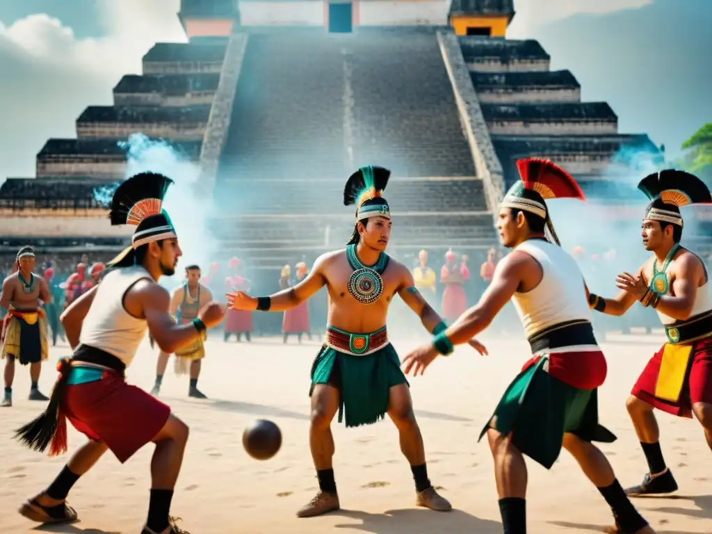 Partido intenso de pelota maya en un campo soleado, jugadores con atuendos tradicionales