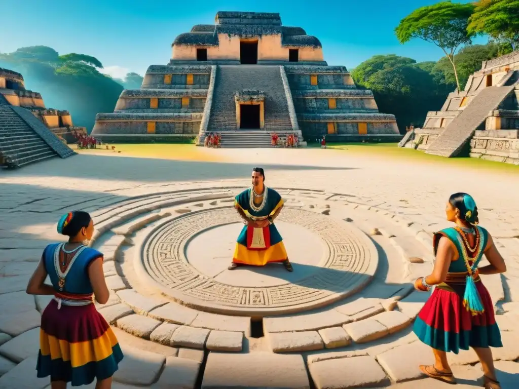 Partido de pelota maya contemporáneo con vestimenta tradicional y ruinas de templo al fondo en un día soleado