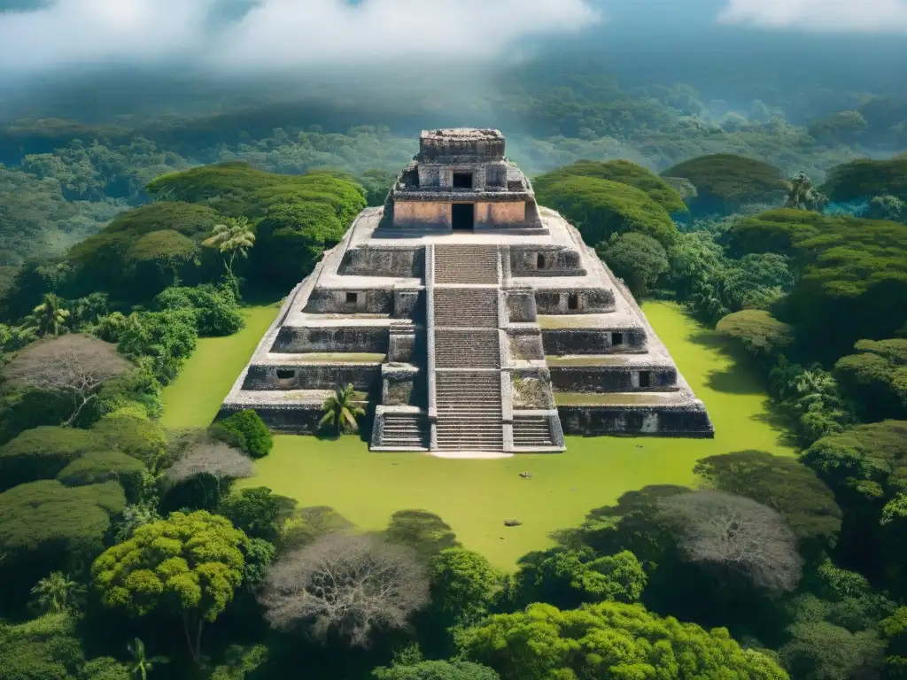 Documentación de patrimonios mayas con UAVs: Vista aérea de ruinas antiguas entre exuberante vegetación y cielo azul