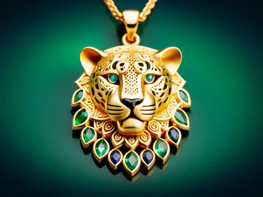 Pendiente de oro intrincado en forma de jaguar con esmeraldas y zafiros sobre terciopelo oscuro, destacando la representación animal en joyería maya