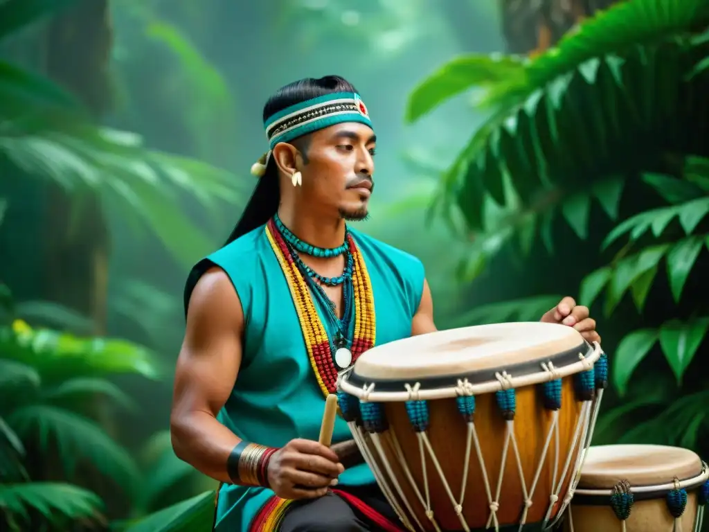 Un percusionista maya hábil toca tambores tradicionales en la selva, mostrando la importancia de la percusión en la cultura maya