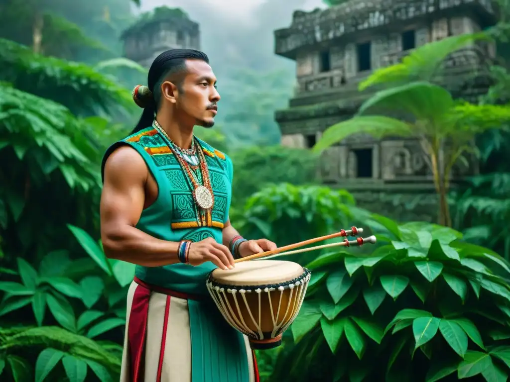 Un percusionista maya toca un tunkul en la jungla, destacando instrumentos de percusión maya tradicionales