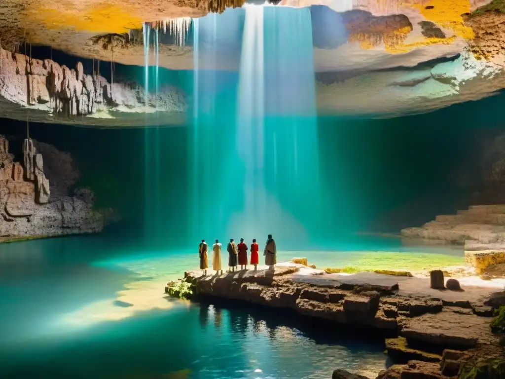 Peregrinaciones a cenotes mayas: Grupo de peregrinos mayas ante un cenote, reflejando una atmósfera espiritual y serena