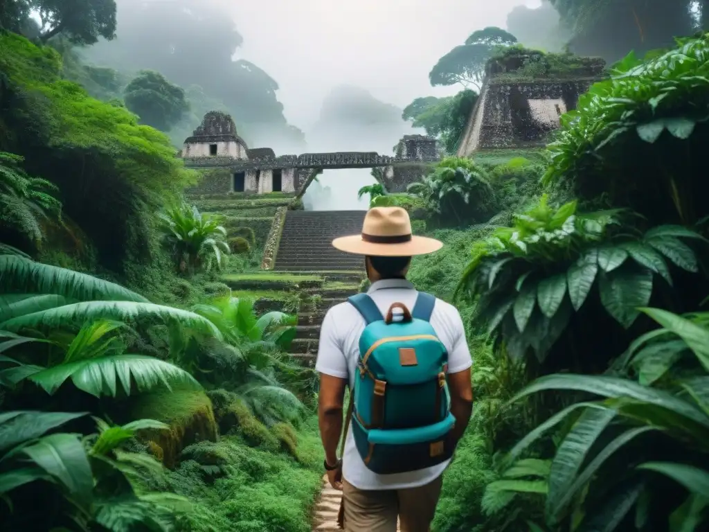 Peregrinaciones modernas en cultura maya: Grupo de peregrinos vistiendo atuendos tradicionales, explorando una selva exuberante con ruinas antiguas