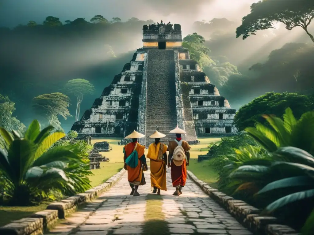 Peregrinaciones modernas en cultura maya: Un grupo de peregrinos en trajes tradicionales camina hacia ruinas antiguas entre la selva