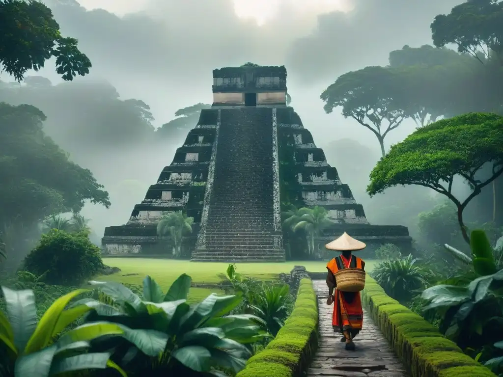 Un peregrino moderno camina por un sendero maya entre ruinas y selva exuberante