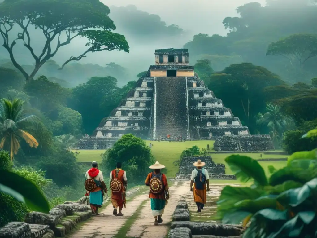 Peregrinos en ruta de Mayan con calendario y ruinas en la selva