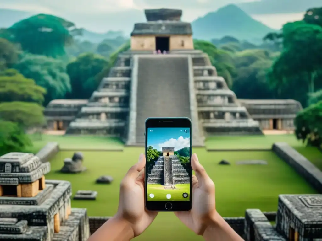 Persona usando app de realidad aumentada en sitio maya, integrando tecnología y herencia histórica