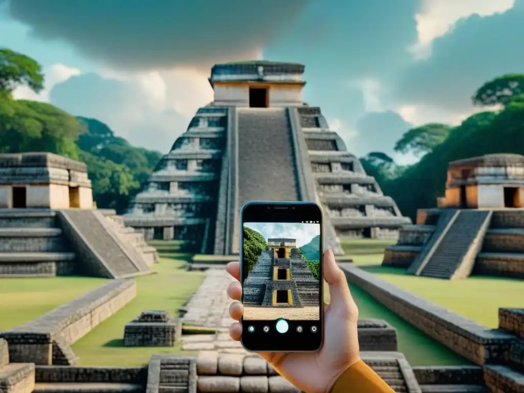 Persona usando app de realidad aumentada en ruinas mayas, fusionando historia y tecnología