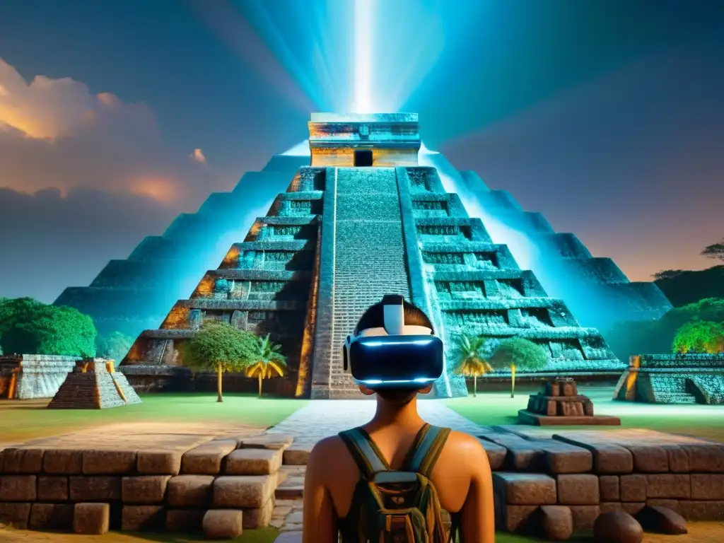 Persona maravillada explorando Chichén Itzá en realidad virtual