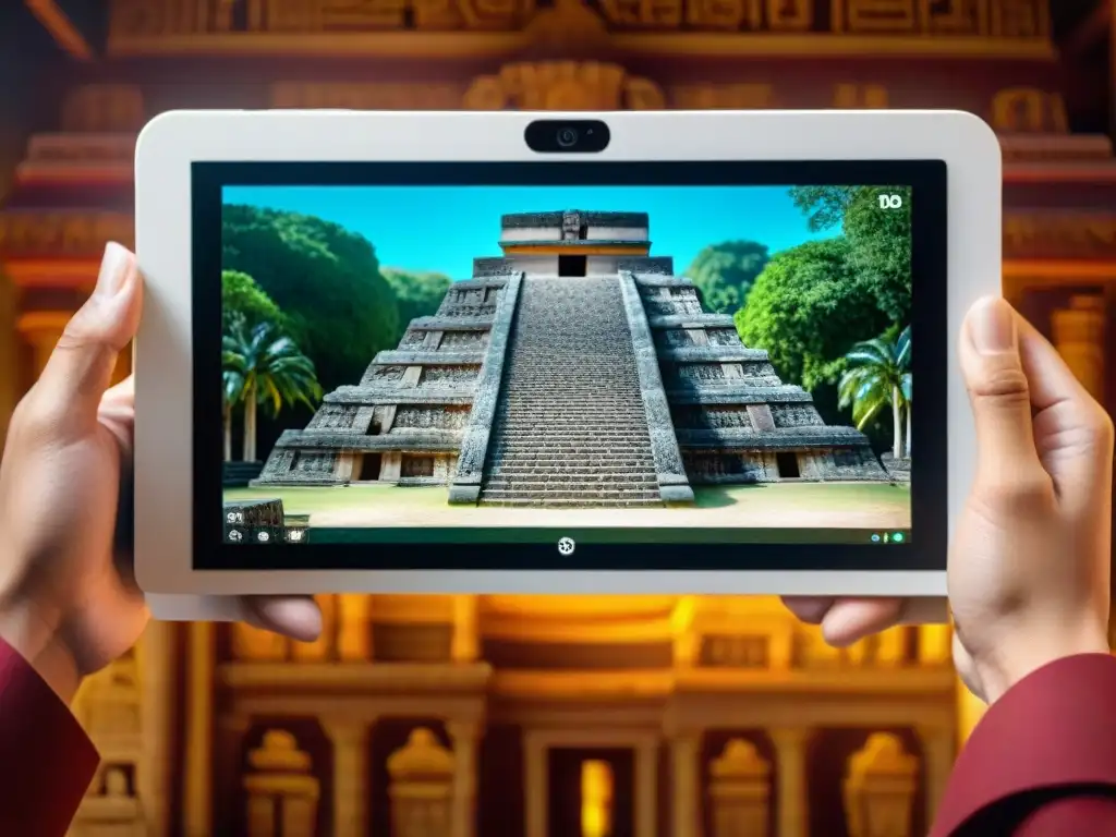 Persona contempla réplicas mayas educativas digitales en pantalla táctil, rodeada de artefactos antiguos y libros de referencia histórica