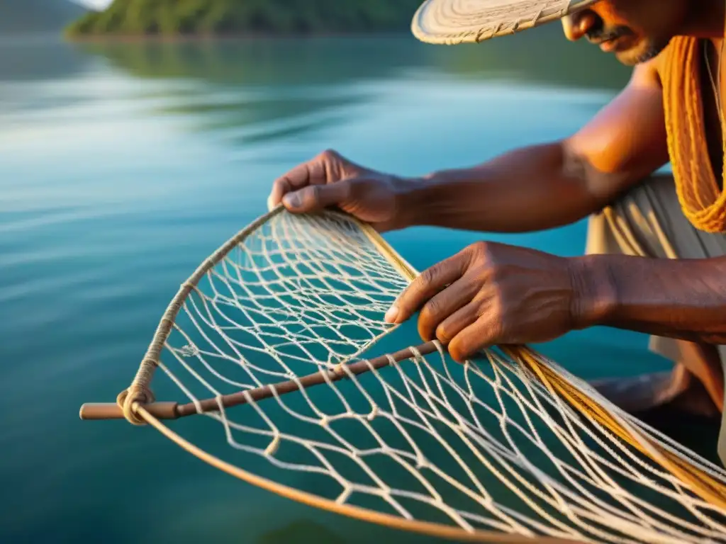 Un pescador maya teje hábilmente una red de pesca con fibras vibrantes, mostrando las prácticas sostenibles de caza pesca maya