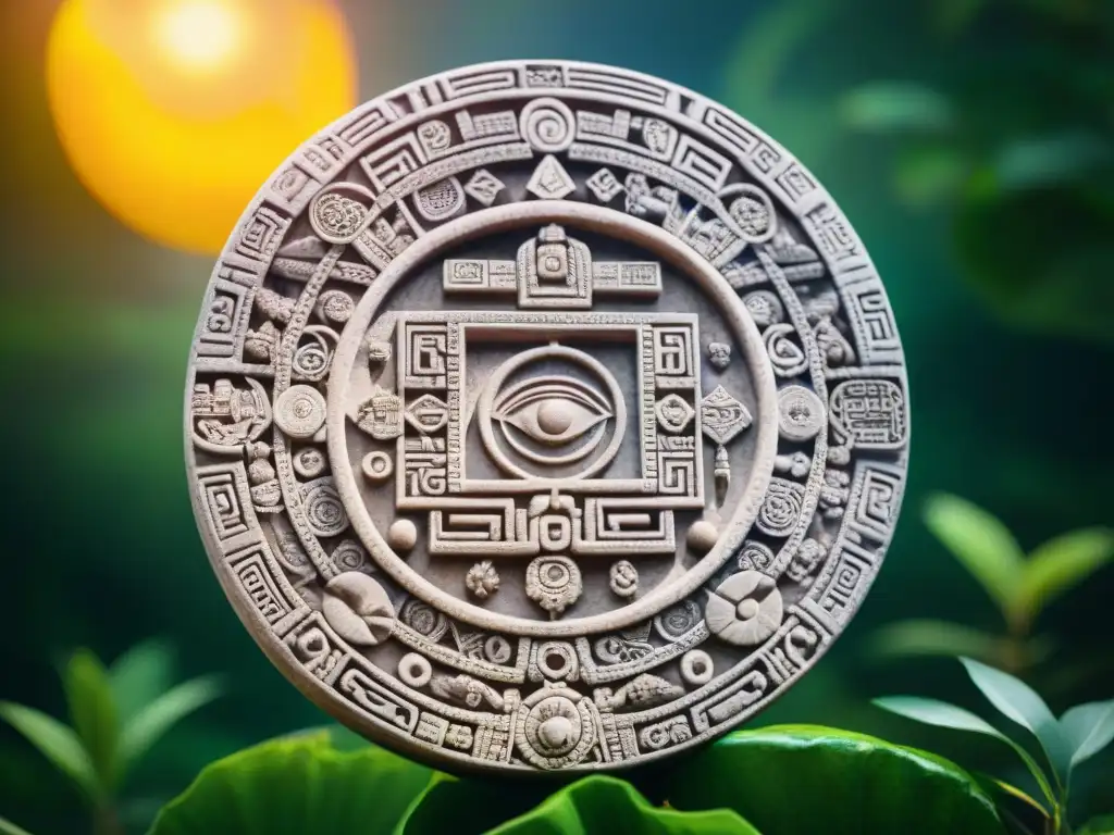 Calendario Maya: Conexión Celestial y Natural Una piedra de calendario maya bellamente conservada, rodeada de exuberante vegetación y bajo un cielo despejado iluminado por el sol, ilustrando la conexión entre las creencias mayas y la naturaleza, con intrincados detalles que resaltan el conocimiento de esta civilización sobre los fenómenos