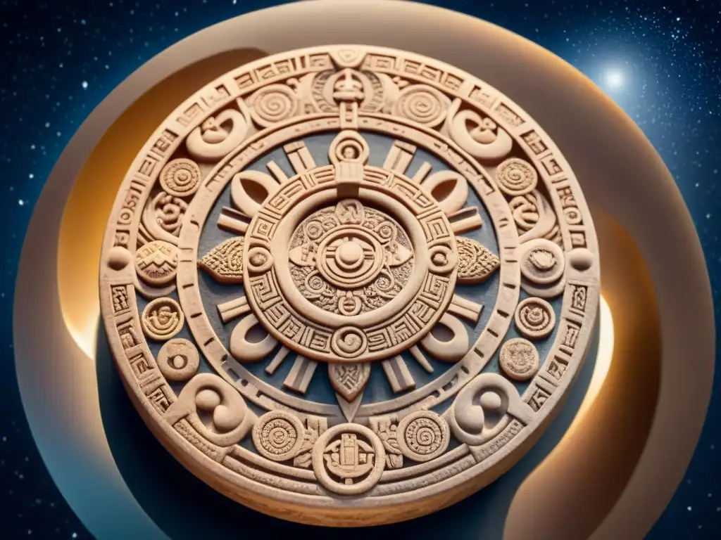 Una piedra de calendario Maya detallada con símbolos, iluminada en museo