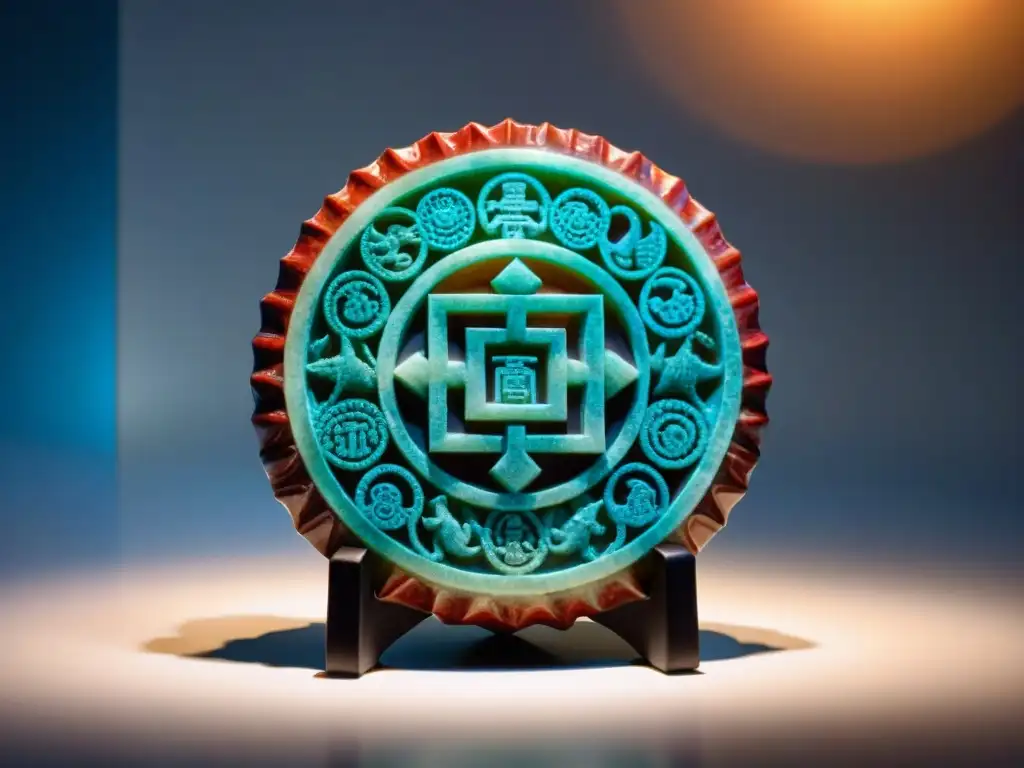 Una piedra de jade maya tallada detalladamente, rodeada de conchas rojas y azules, reflejando el uso de objetos en matemáticas