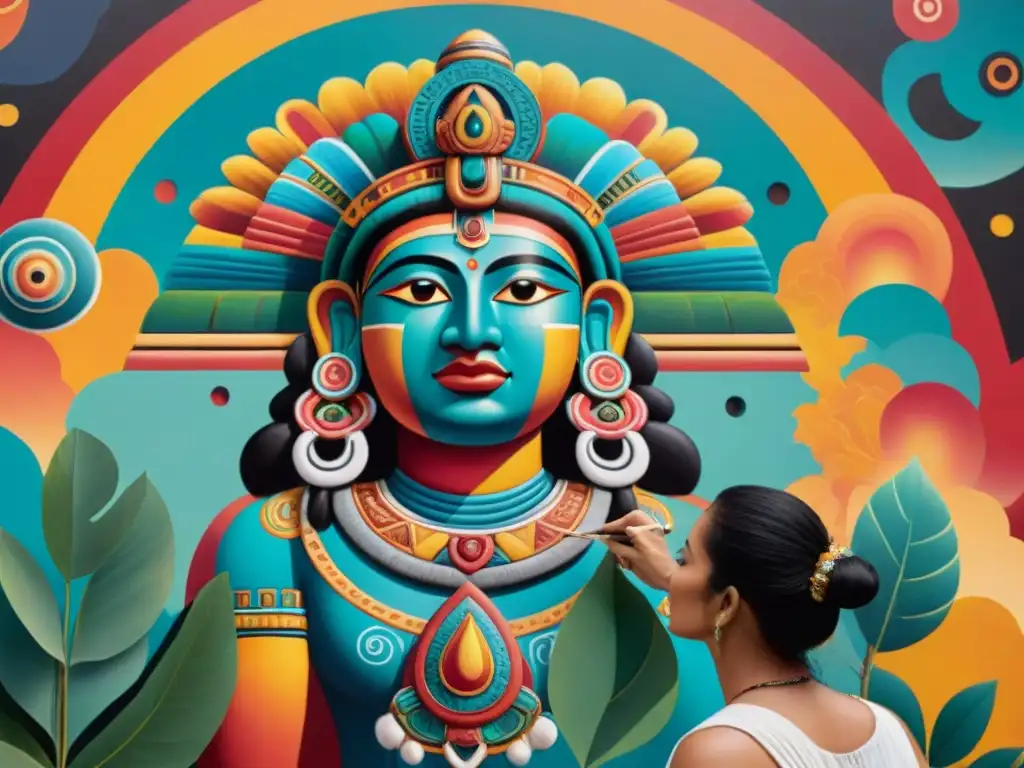 Pintor maya contemporáneo crea mural vibrante de Itzamná, dios de la creación, con símbolos cósmicos