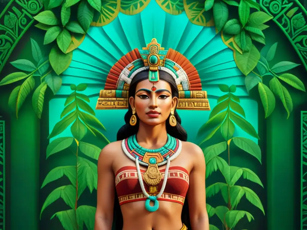 Pintura detallada de la Diosa Ix Tab en antiguo mural maya, rodeada de símbolos y follaje exuberante