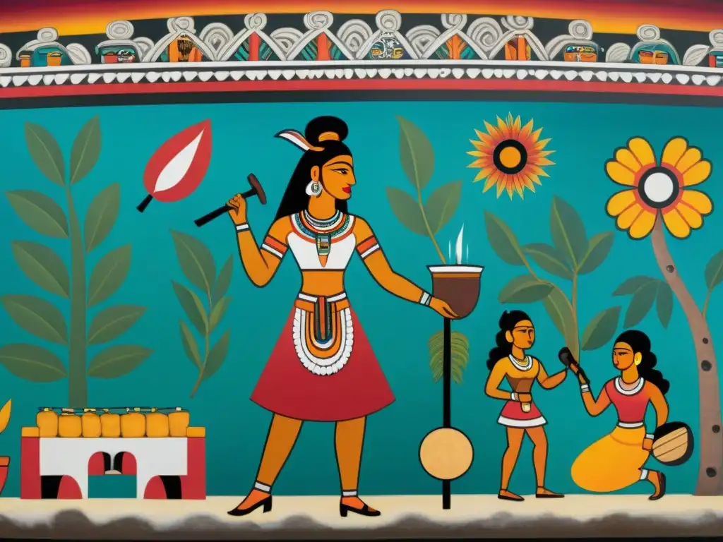 Una pintura maya detallada muestra armonía en escenas de la vida diaria y rituales, reflejando la esencia cultural