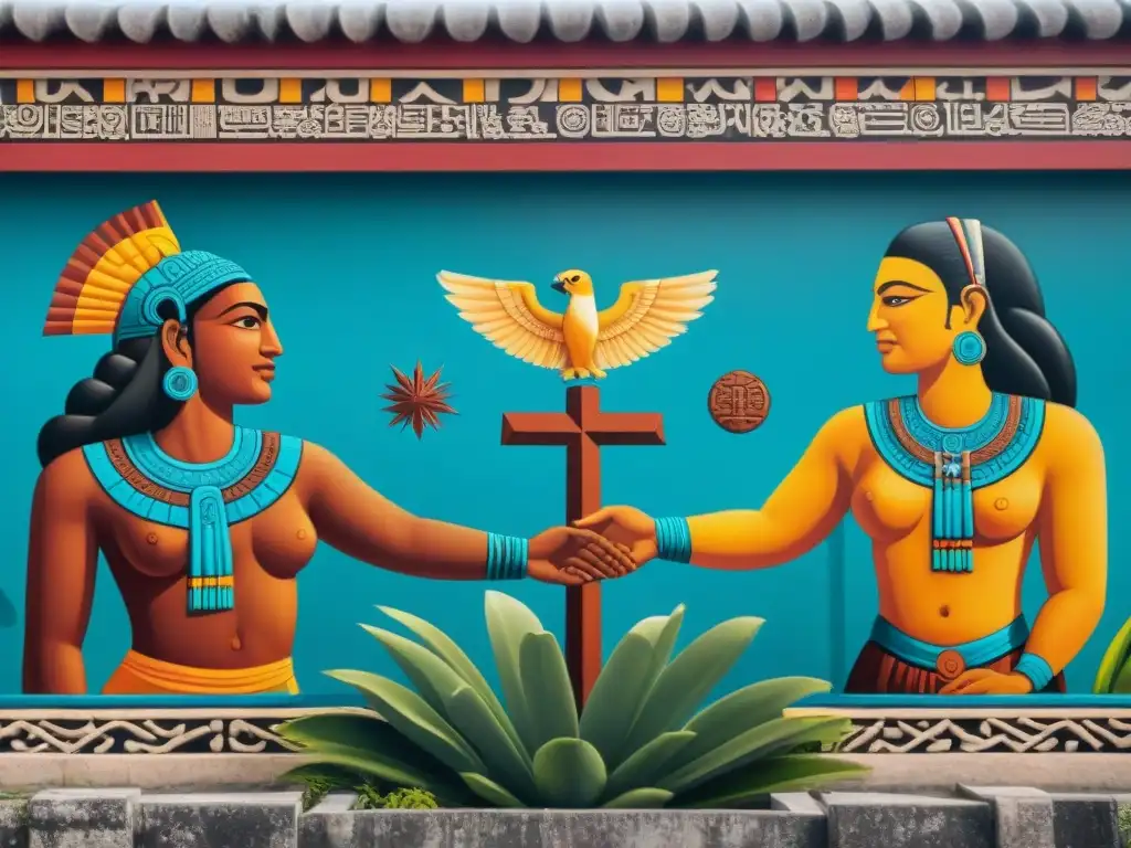 Pintura mural detallada en un templo, muestra líderes mayas y caribeños en reunión diplomática