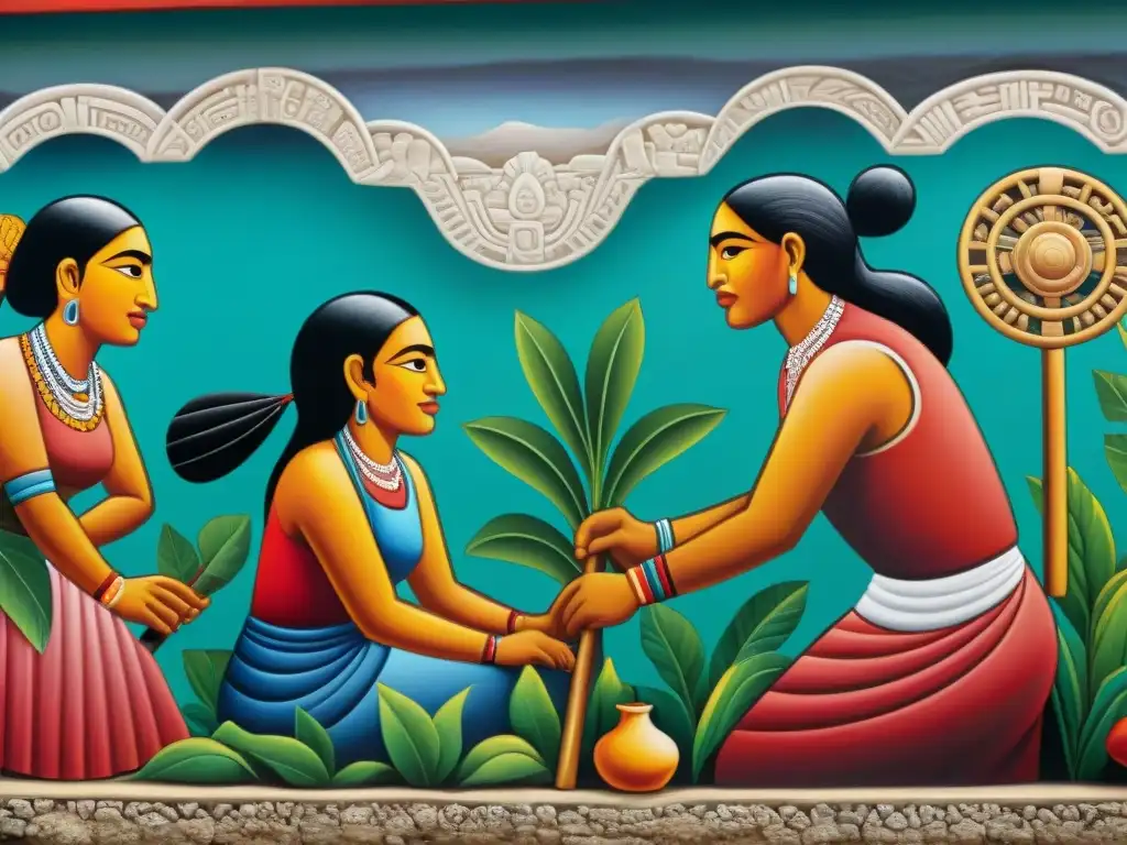 Una pintura mural detallada de trabajadores mayas realizando tareas tradicionales como la agricultura y la alfarería, supervisados por un anciano maya