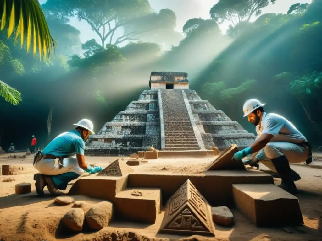 Descubrimiento arqueológico: equipo excavando pirámide ceremonial en la metrópolis maya recién descubierta, revelando herencia ancestral