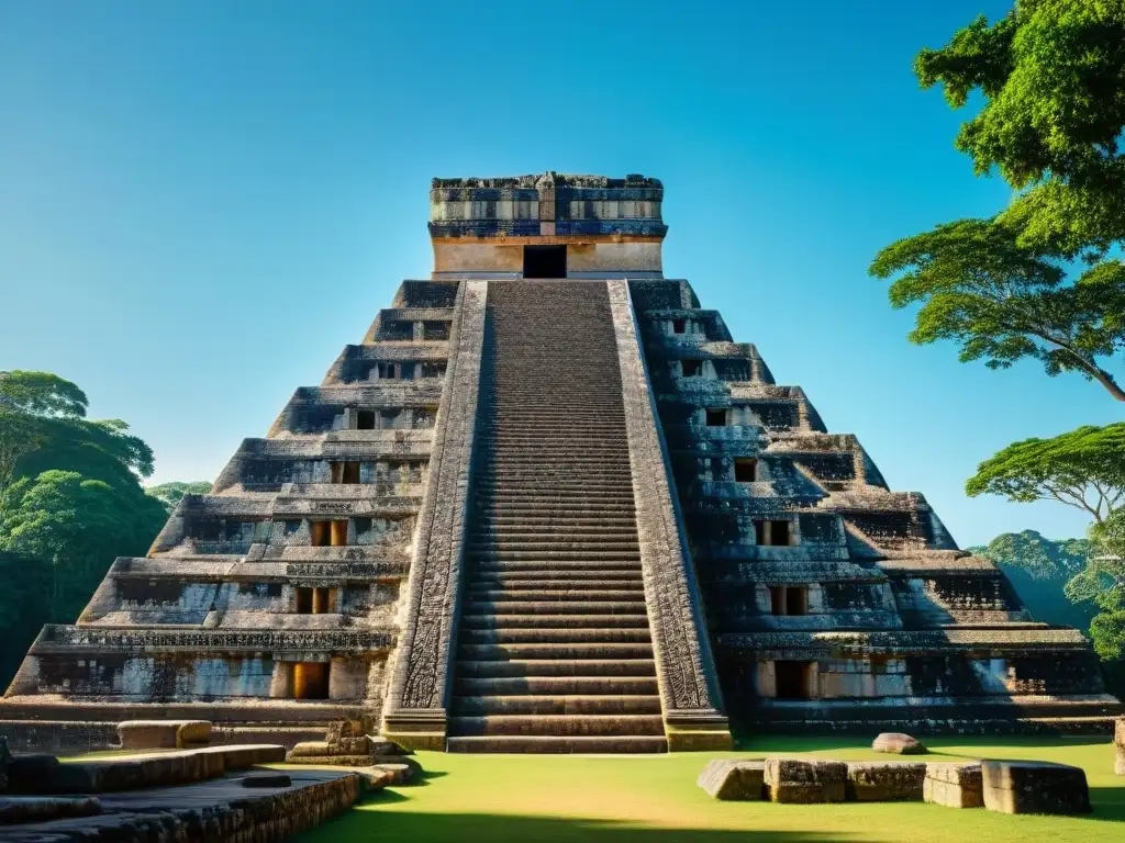 Una pirámide maya con detalles arquitectónicos intrincados, rodeada de vegetación exuberante bajo un cielo azul claro