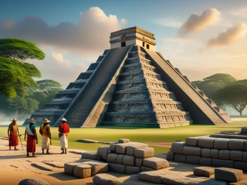 Ingeniería de las Pirámides Mayas: Antiguos ingenieros mayas construyendo una pirámide con precisión bajo el sol ardiente