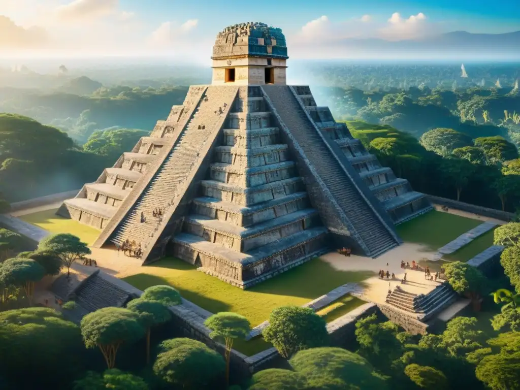 Ingeniería de las Pirámides Mayas: Antiguos ingenieros mayas construyen una pirámide de piedra bajo el sol tropical