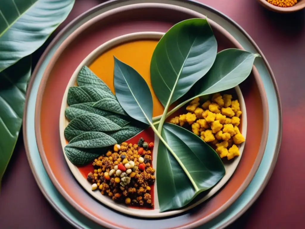 Un plato espiritual maya con chaya, achiote y maíz en un plato de barro, simbolizando cultura y tradición