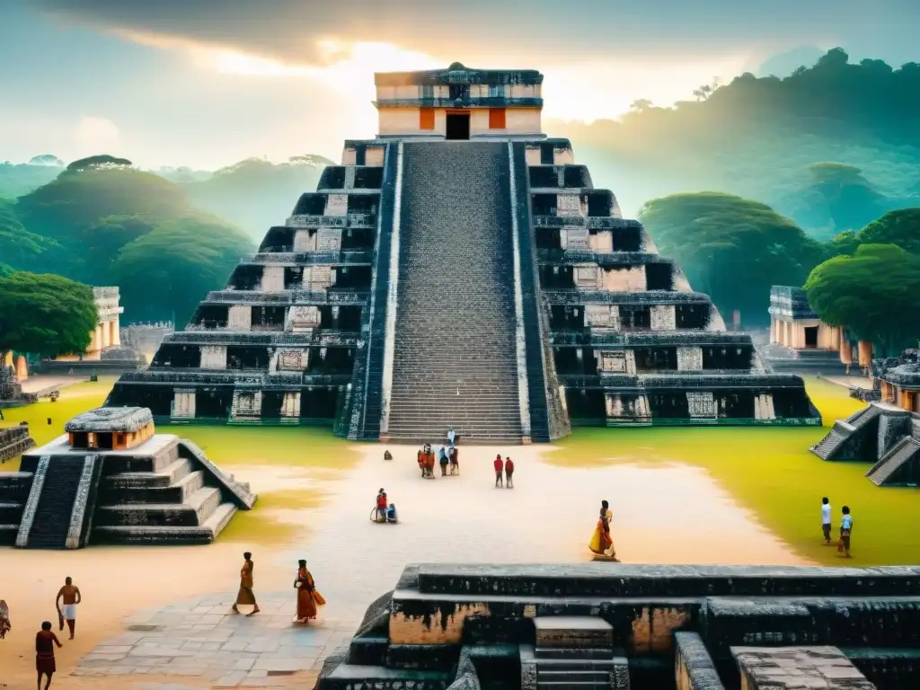 Una plaza central maya llena de vida y actividad, reflejando el significado cultural de estos espacios