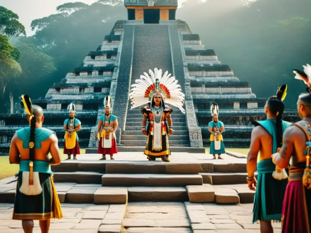 Una plaza ceremonial maya detallada con tallados de piedra, sacerdotes, nobles y rituales