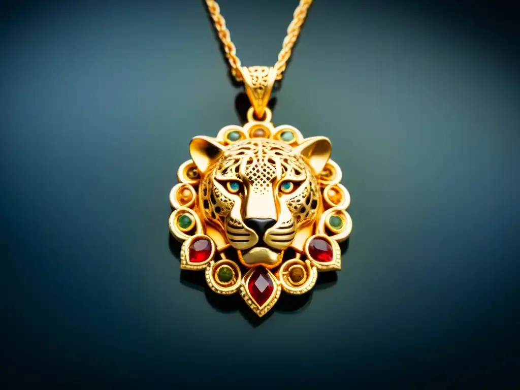 Poderosa representación animal en joyería maya: un colgante de jaguar dorado con gemas vibrantes y detalle intrincado