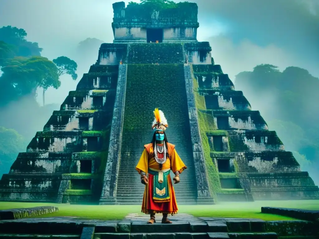 El poderoso chamán maya realiza un ritual sagrado en la base de una antigua pirámide en Tikal, Guatemala, rodeado de exuberante vegetación y neblina matutina, capturando la esencia de la cosmovisión maya y el significado Baktun