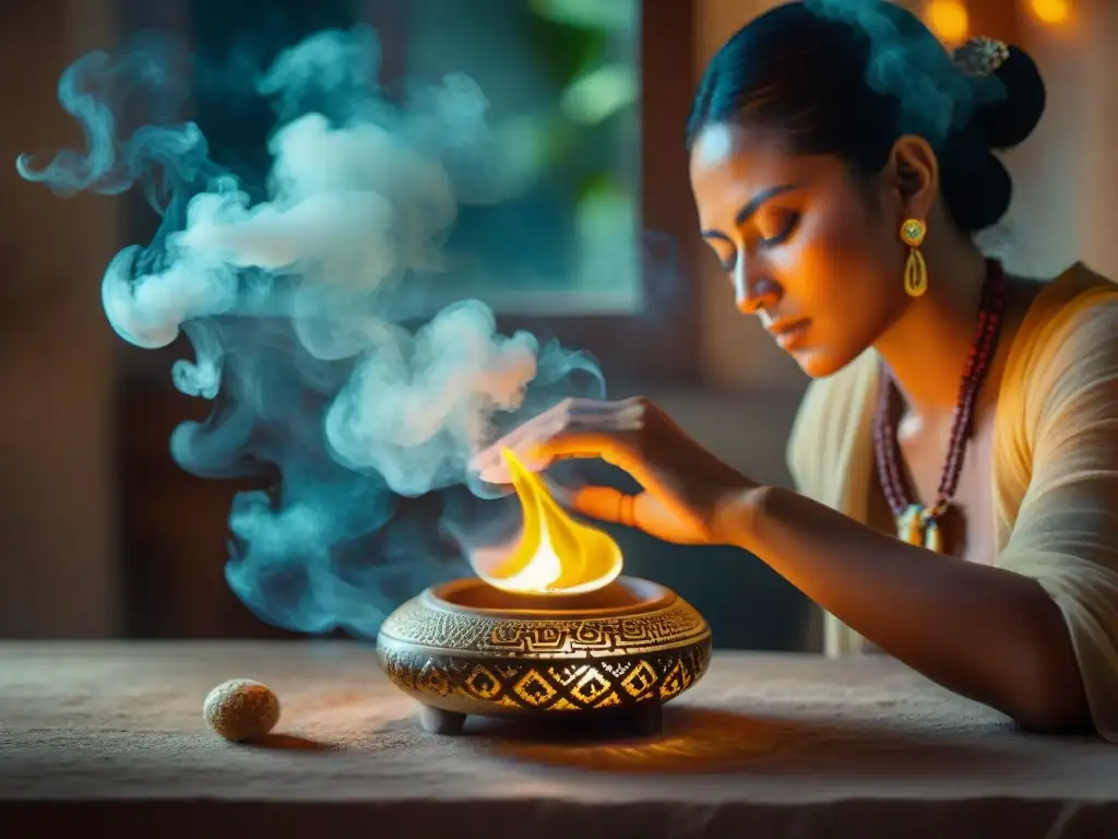 Practicante espiritual meditando en una habitación serena con copal maya ardiendo