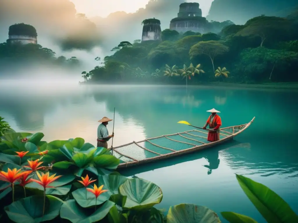 Prácticas de caza y pesca maya: Pescadores mayas en la selva, lanzando redes al amanecer en un lago sereno