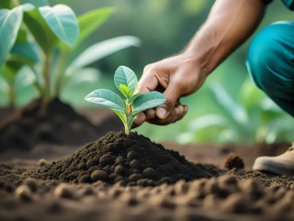 Prácticas de cultivo de plantas medicinales mayas: manos de un agricultor maya plantando una planta verde en un jardín tradicional