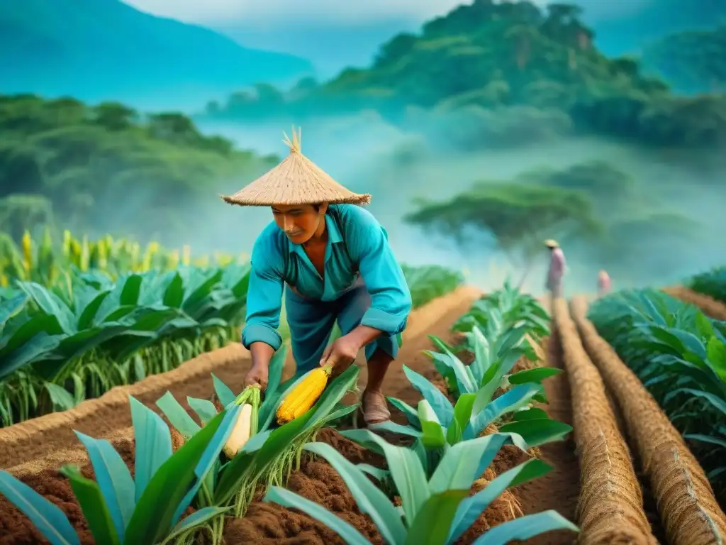 Prácticas culturales en agricultura maya: Un agricultor maya intercala maíz, frijoles y calabaza en una milpa vibrante, bajo un cielo azul claro