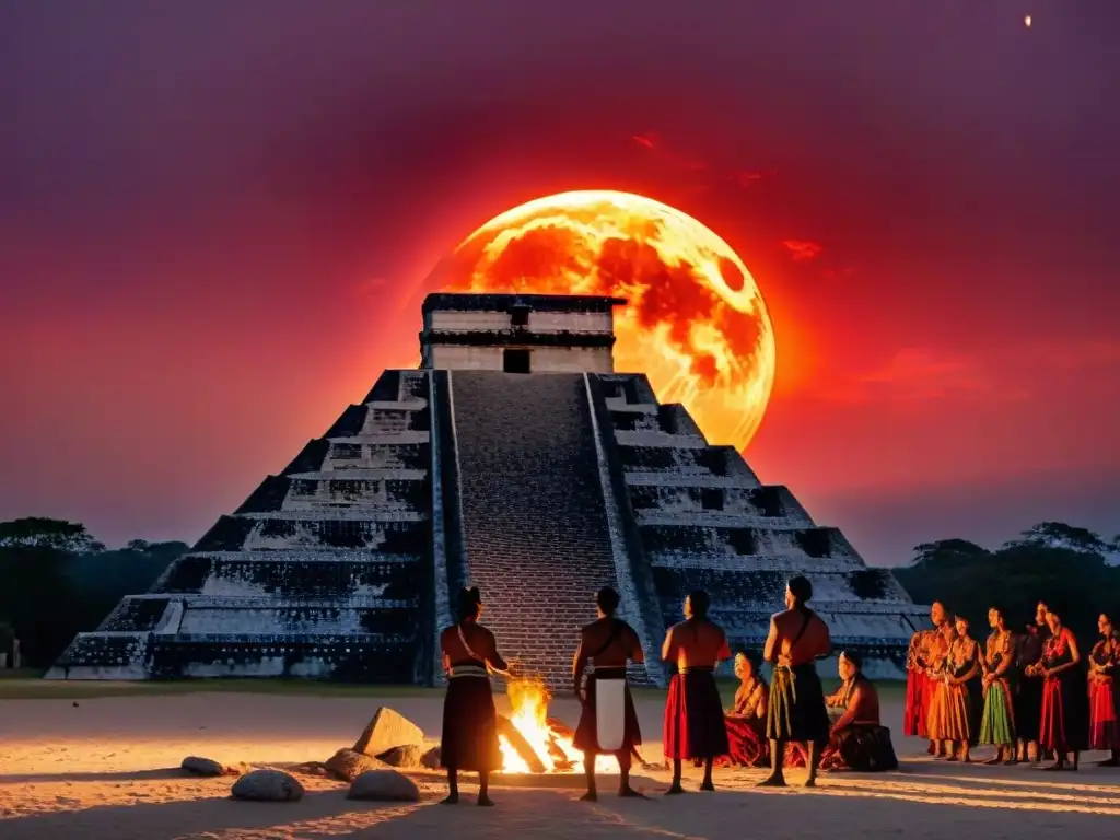 Prácticas culturales de la civilización maya: Ceremonia de chamanes en eclipse lunar sobre pirámide maya