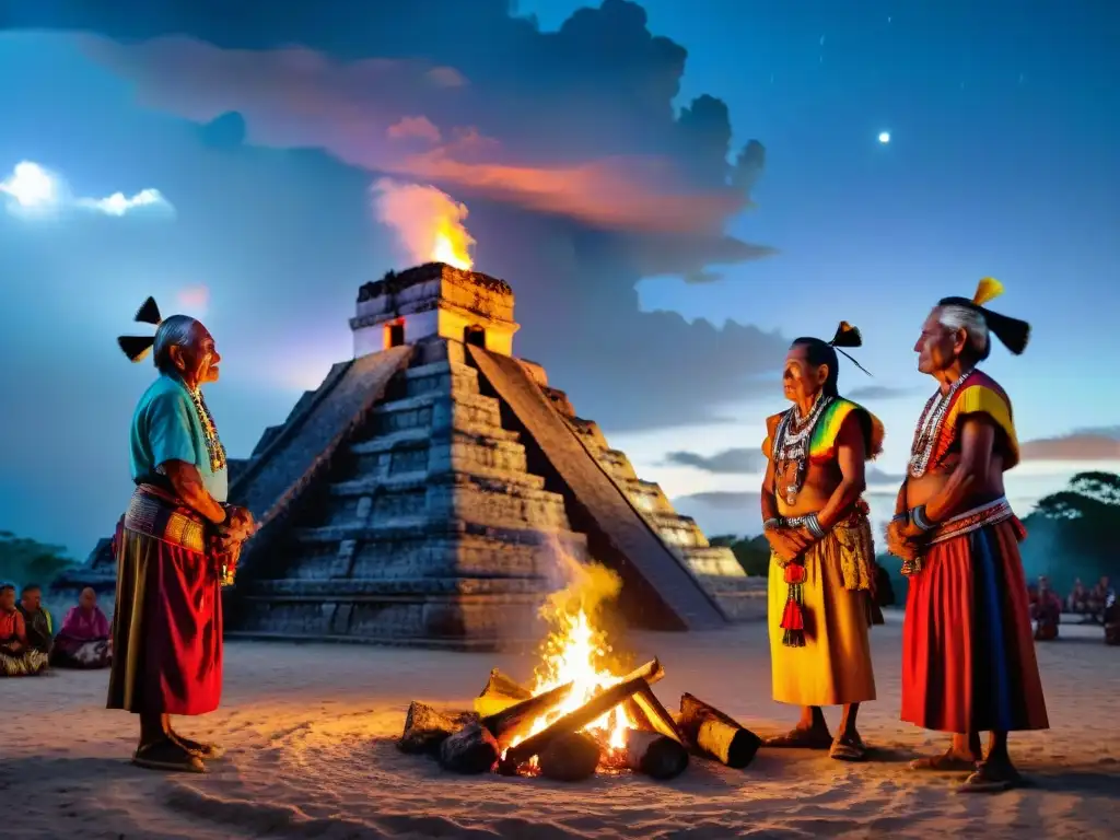 Prácticas culturales mayas en sequía: Ancianos mayas realizan danza de la lluvia alrededor de una fogata bajo un cielo estrellado