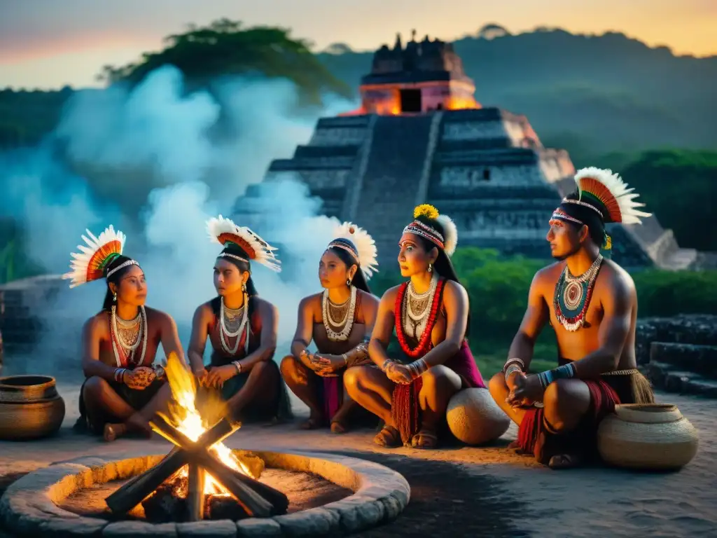 Prácticas culturales mayas contemporáneas: Ceremonia sagrada en la noche, danza alrededor de fogata en ruinas iluminadas