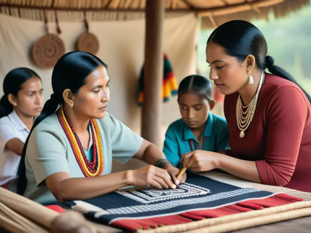 Prácticas culturales mayas en educación: Maestro maya enseña artesanía tradicional a jóvenes estudiantes