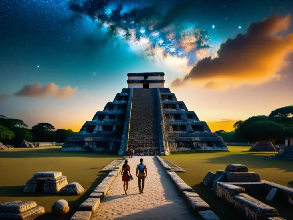 Prácticas culturales mayas en turismo: Noche estrellada en sitio arqueoastronómico maya, donde turistas admiran la conexión entre cielo y tierra