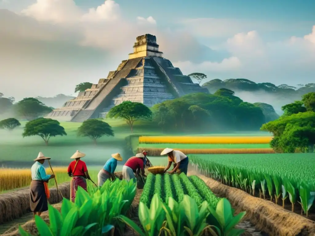 Prácticas ecológicas mayas en acción: Mayan farmers trabajando en armonía con la naturaleza, rodeados de biodiversidad y ruinas antiguas