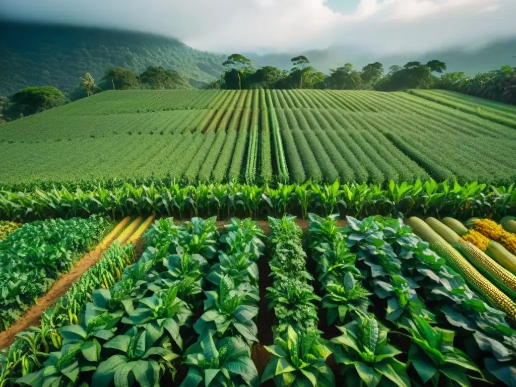 Prácticas ecológicas mayas en acción: campo agrícola tradicional con maíz, frijoles y calabaza creciendo en armonía