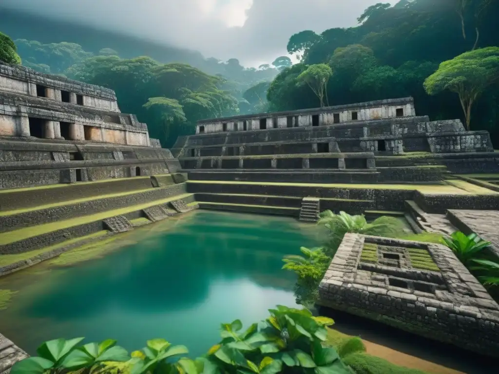 Prácticas mayas para sequías: Antiguo sistema de almacenamiento de agua maya en la selva, con estructuras de piedra iluminadas por el sol y agua clara