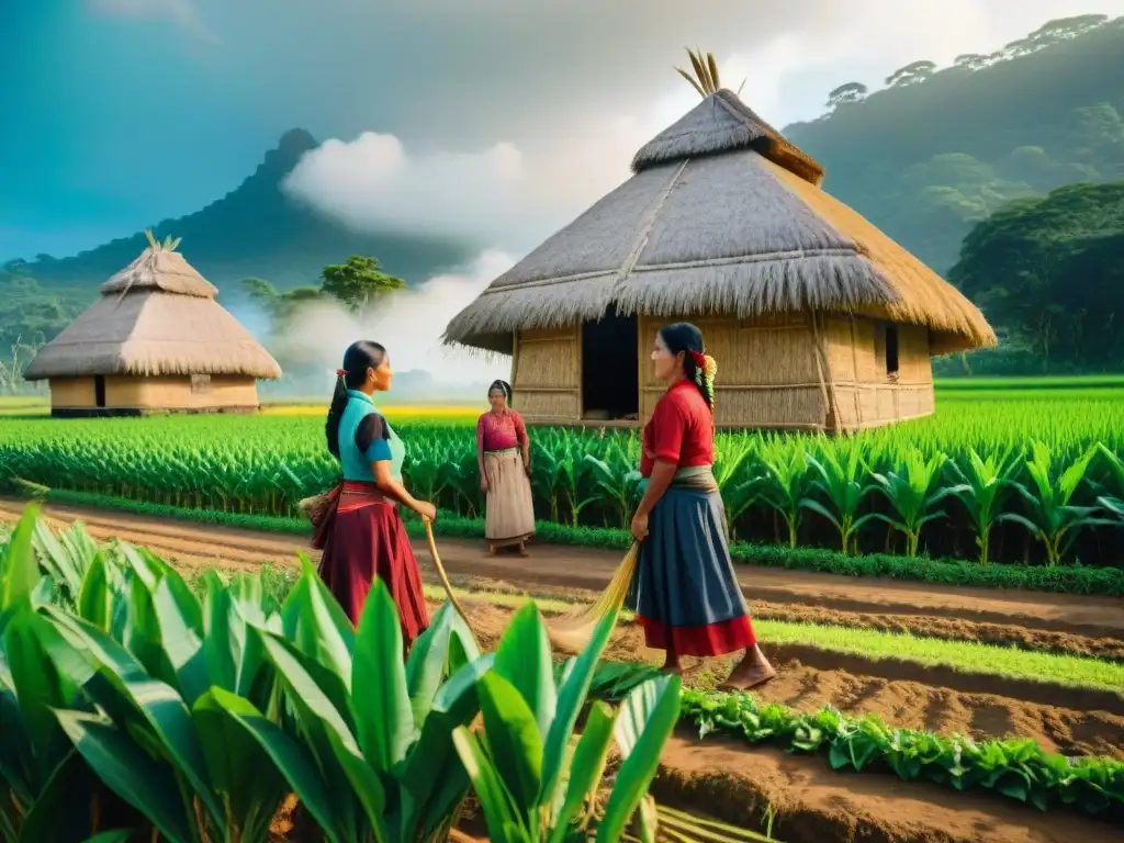 Prácticas mayas para cohesión social: Comunidad de agricultores mayas trabajando en un campo de maíz bajo el sol brillante