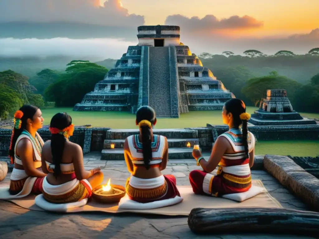 Prácticas mayas para cohesión social: Ceremonia cósmica al atardecer en un templo maya con vibrantes colores y detalles sagrados