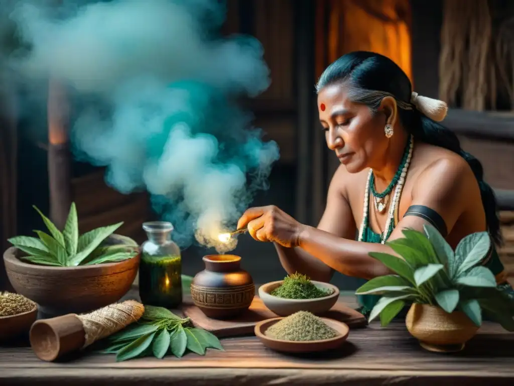 Prácticas de medicina maya tradicional: Detallada imagen de un sanador maya preparando una poción medicinal con hierbas y plantas