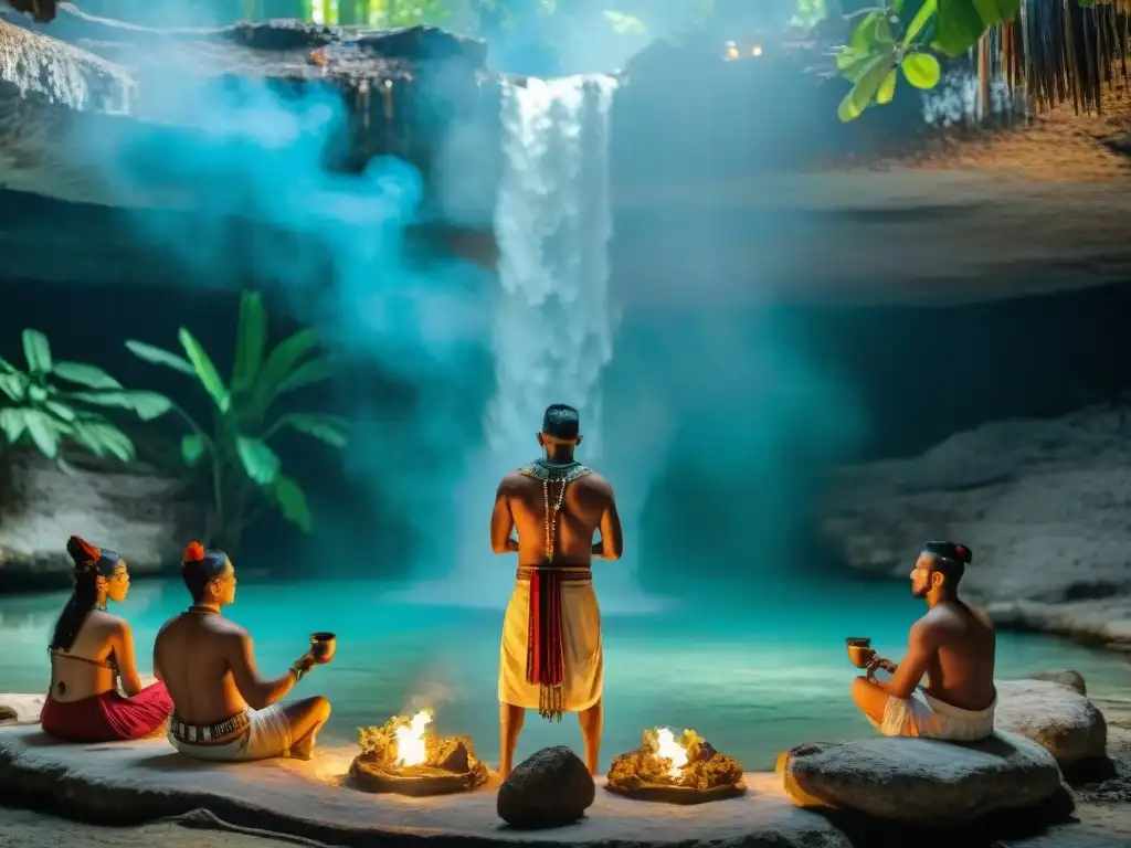 Prácticas religiosas mayas contemporáneas: Shamans mayas realizan ritual en cenote sagrado, entre jungla exuberante